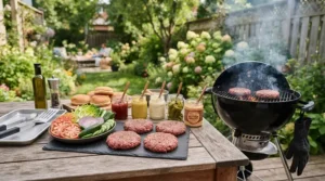 A value charcoal grill under $200 for a small family set up on a wooden deck with fresh ingredients nearby