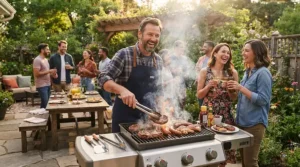 A host cooking for guests using a charcoal grill under $500 for backyard parties on a sunny patio.