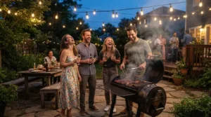 Friends gathered around a lit charcoal grill under $500 for backyard parties during a twilight gathering.