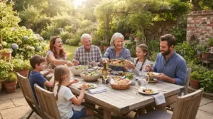 A family enjoying a weekend meal prepared on a reliable charcoal grill under $500 for backyard parties.