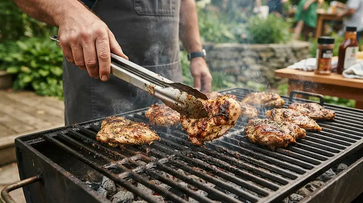 Using stainless steel tongs with a charcoal grill under $500 for backyard parties to flip chicken breasts.