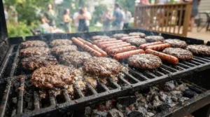 Burgers and hot dogs cooking on a large capacity charcoal grill under $500 for backyard parties.