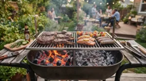 Cooking vegetables and steaks simultaneously on a charcoal grill under $500 for backyard parties with multi-zone setup.