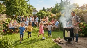 Smoke rising from a charcoal grill under $500 for backyard parties during a lively summer neighborhood BBQ.