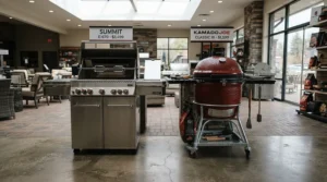 A first-time grill buying guide highlighting charcoal grill vs pellet grill for beginners options at a store.