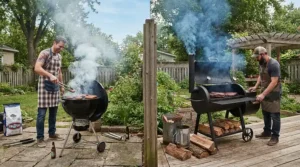 A charcoal grill vs pellet grill for beginners visual showing smoke interaction with meat for flavor comparison in a backyard.