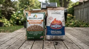 A charcoal grill vs pellet grill for beginners guide featuring a fuel cost comparison of wood bags and briquettes.