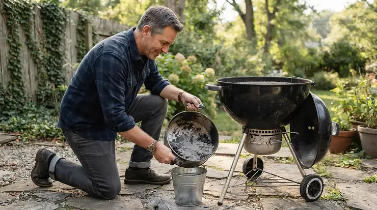 Routine ash cleanup for a charcoal kettle grill for small patios to keep the outdoor cooking area tidy.