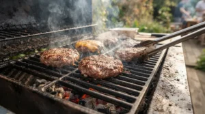 Close-up of a charcoal kettle grill for small patios being used for patio cooking with sizzling burgers on the grate.