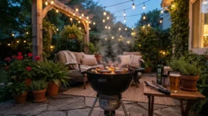 A charcoal kettle grill for small patios glowing warmly with string lights overhead on a quaint townhouse deck.