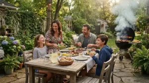 A charcoal kettle grill for small patios set up in a cozy patio grilling space for a casual family weeknight dinner.
