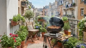 A charcoal kettle grill for small patios positioned neatly on a sunny city apartment balcony during weekend meal prep.