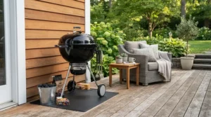 A charcoal kettle grill for small patios stored compactly beside outdoor patio furniture to save space.