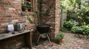 A charcoal kettle grill for small patios shown in a tight space corner, demonstrating a small footprint design.