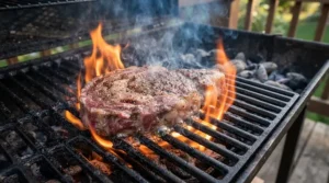 Juicy steaks searing on the porcelain-enameled cast-iron grates of a gas grill under $400.