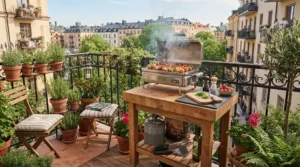 A compact cheap gas grill under $500 fitted neatly onto a small suburban balcony.