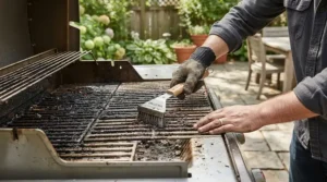 A person using a wire brush to clean the grates of an affordable gas grill