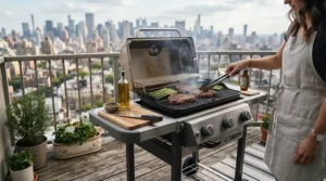 A compact affordable gas grill positioned on a small apartment balcony with seating