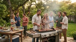 A family gathering in the yard while using an affordable gas grill for dinner
