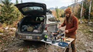 Tailgating setup featuring a portable gas grill for the money under $500 in a parking lot