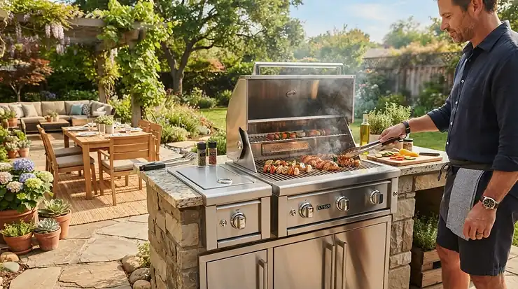 A modern gas grill under $400 set up on a suburban backyard patio during a sunny afternoon.
