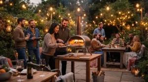 Friends gathered around an illuminated gas grill under $400 during a twilight backyard party.