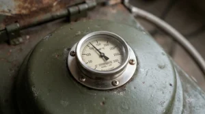 The built-in lid thermometer showing high heat on a durable gas grill under $400.