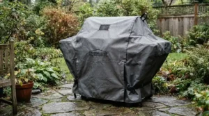 A protective weatherproof cover fitted securely over a gas grill under $400 on a deck.