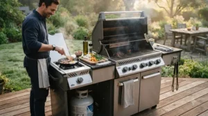 A compact gas grill under $400 featuring a convenient side burner for preparing side dishes.