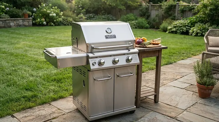 A stainless steel gas grill under $500 set up on a backyard patio for a weekend family barbecue