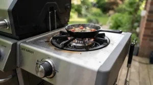 Close-up of the side burner on a reliable gas grill under $500 during outdoor meal preparation