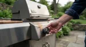 Pushing the ignition button to light burners on an affordable gas grill