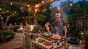 Evening barbecue party illuminated by string lights near an affordable gas grill