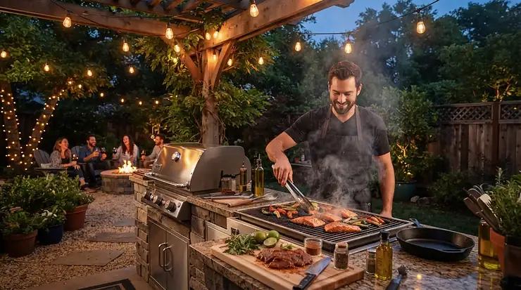 Evening barbecue party illuminated by string lights near an affordable gas grill