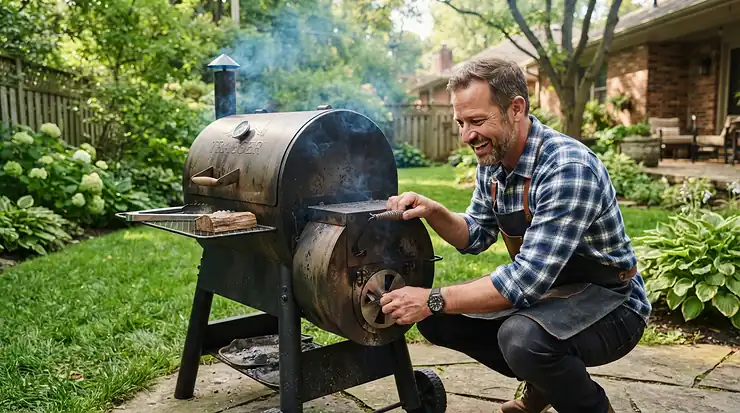A pitmaster managing an offset charcoal smoker for backyard brisket during a sunny weekend gathering.