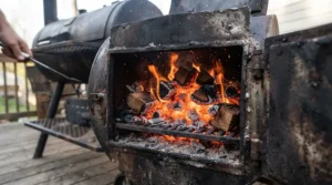 Lighting hardwood charcoal inside the firebox of an offset charcoal smoker for backyard brisket.