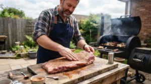 Trimming a large beef cut next to an offset charcoal smoker for backyard brisket outdoors.