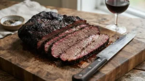 Sliced beef showing a distinct smoke ring after cooking in an offset charcoal smoker for backyard brisket.
