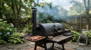 Thin blue smoke rolling from the stack of an offset charcoal smoker for backyard brisket in a yard.