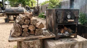 Hardwood chunks piled near the side firebox of an offset charcoal smoker for backyard brisket.