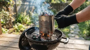 Lighting charcoal briquettes inside a portable charcoal grill for tailgating before the big football game