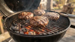 Friends gathered around a portable charcoal grill for tailgating while burgers sizzle over hot charcoal briquettes