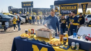 An ultimate tailgate grilling setup featuring a portable charcoal grill for tailgating and game day snacks