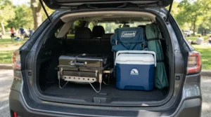 A foldable portable charcoal grill for tailgating packed neatly into a car trunk alongside camping gear