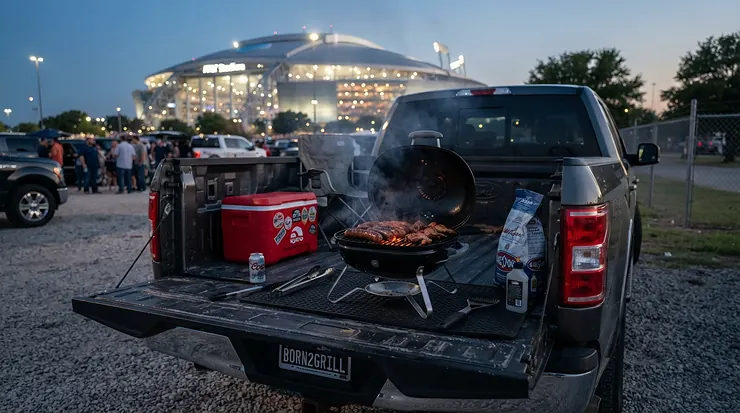 A compact portable charcoal grill for tailgating set up in the back of a pickup truck at a football stadium parking lot