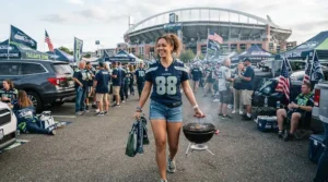 A lightweight portable charcoal grill for tailgating being carried easily by one person to a game