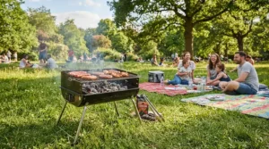 A portable charcoal grill for tailgating featuring sturdy folding legs deployed on a grassy tailgate spot