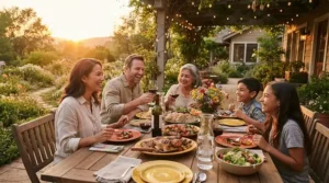 A family enjoying a backyard barbecue cooked on a gas grill for the money under $500