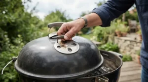 Demonstrating airflow control dampers for a charcoal kettle grill review for beginners.