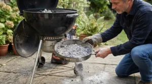Emptying the ash removal tray, featured in a charcoal kettle grill review for beginners.
